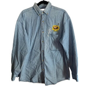 Marjolein  Bastin Denim Button Down Shirt Sunflower Art Embroidered Womens Large
